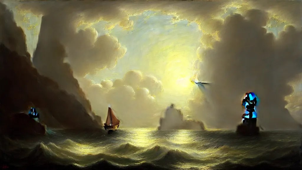 Prompt: lighthouse in the cave, sail boat, andreas achenbach, artgerm, mikko lagerstedt, zack snyder, tokujin yoshioka