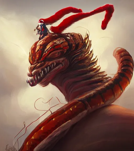 Image similar to painting of a mischievous giant centipede wearing a Santa hat, fantasy, Artgerm, Rutkowski, artstation, trending