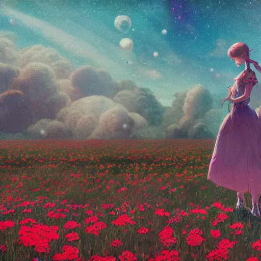 Image similar to a girl among a flower field thinks about space, graceful, an ultrafine detailed illustration by kim jung gi, bright colors, unreal engine 5 highly rendered, detailed and intricate environment