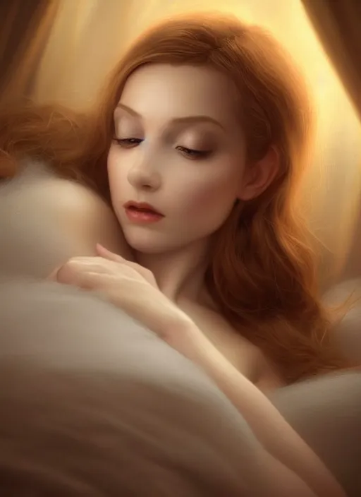 Prompt: young woman beautiful face : : white peignoir : : lie in bed at night : : weta disney pixar movie still photo : : decadent highly - detailed digital painting, very soft light, full length shot, golden ratio, octane render, artstation, smooth, sharp focus, artgerm, mucha, loish, wlop, gogo