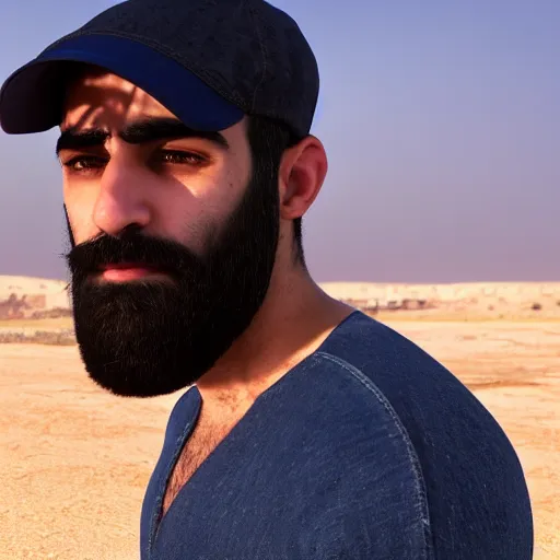 Image similar to real life photo of a Syrian man, bald, full dark beard, blue watery eyes, full round face, short smile, serene desert setting, cinematic lightning, medium shot, mid-shot, highly detailed, trending on artstation, Unreal Engine 4k, 80mm, 85mm, cinematic wallpaper