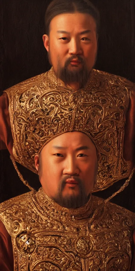 Image similar to Highly detailed and cinematic Renaissance period portrait oil painting Kublai Khan, an oil painting ((masterpiece)) by ((Josep Tapiró Baró)), dynamic lighting, 8K