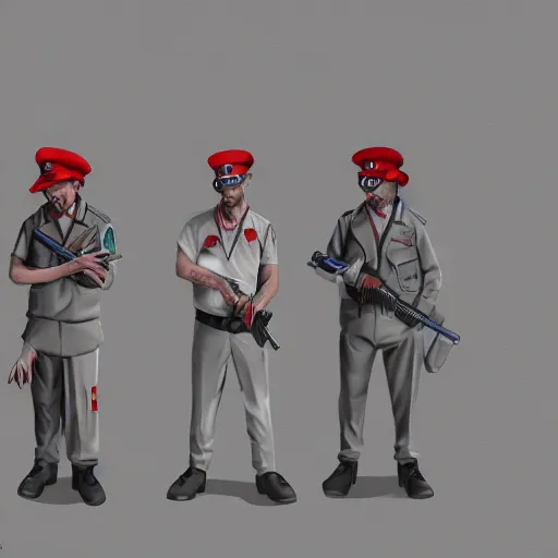 Image similar to zombie security officers ( beige uniform and caps ) ( floating in red spectral aura ) wield uzis in ( brutalist concrete gray office ) trending on artstation high detail concept art digital painting 4 k 8 k hd