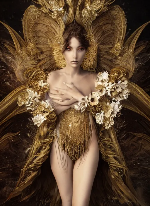 Image similar to expressive full body photo of a female model as beautiful angel, ornate headpiece made from flowers, ornaments, glamour shot, by karol bak, by stefan gesell, octane render, unreal engine, photorealistic, canon r 3, fashion photography, studio shot, environmental portrait, dark fantasy, dark beauty, magazine