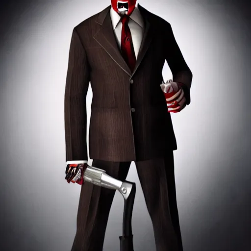 Image similar to TF2 Pyro as The American Psycho, cinematic still, sweating hard