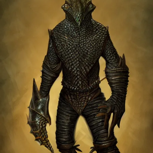 Image similar to lizard wearing oiled leather rogue armor, Lizardman thief, D&D, argonian, mideival setting, digital painting, highly detailed, concept art, sharp focus, artstation