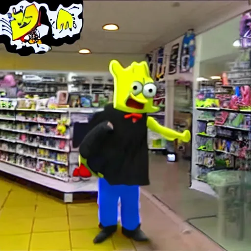 Image similar to cctv footage recorded last night of a man in a spongebob squarepants costume robbing a store