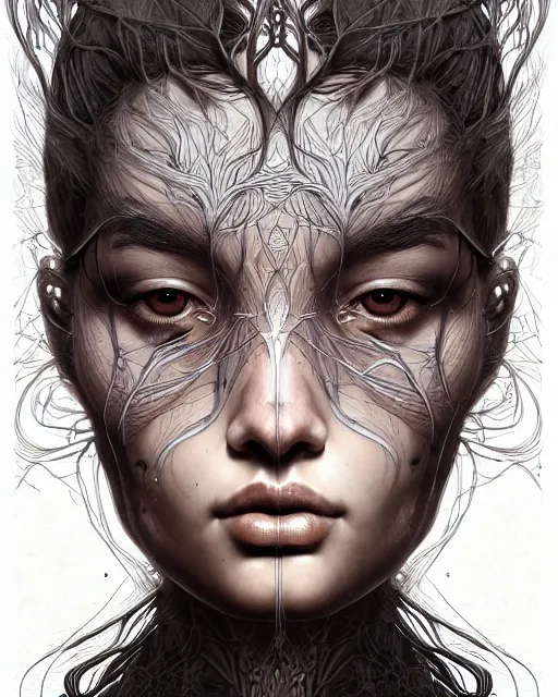 Prompt: digital art, centered portrait with face made with intricate roots, by james jean and by artgerm, by ross tran, ultradetailed, charachter design, concept art, trending on artstation,