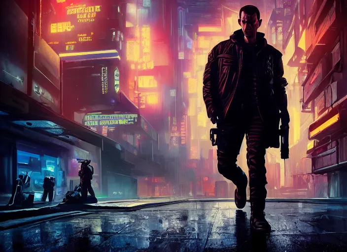 Image similar to ezra flees sgt griggs. cyberpunk hacker evading menacing cops ( blade runner 2 0 4 9, dystopian, cyberpunk 2 0 7 7 character design ). portrait by james gurney and laurie greasley, oil on canvas. cinematic, hyper realism, realistic proportions, anatomy, dramatic lighting, high detail 4 k