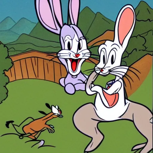 Image similar to bugs bunny being stalked and eaten by a mountain lion, animated, old cartoon style