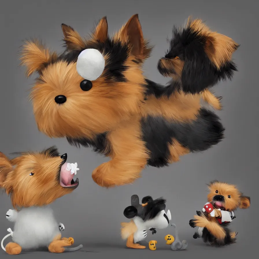 Image similar to Goro Fujita ilustration a very cute Yorkshire Terrier, with black and caramel fur, playing with a plush monkey toy, painting by Goro Fujita, sharp focus, highly detailed, ArtStation