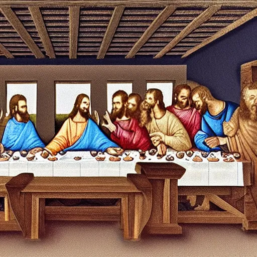 Prompt: a photo of the last supper, highly detailed photorealistic