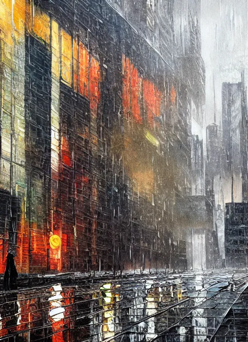 Image similar to oil painting of a lone pigeon in a futuristic city, portrait, raining, 4 k, detailed, realistic, gritty, buildings, streets, dystopian