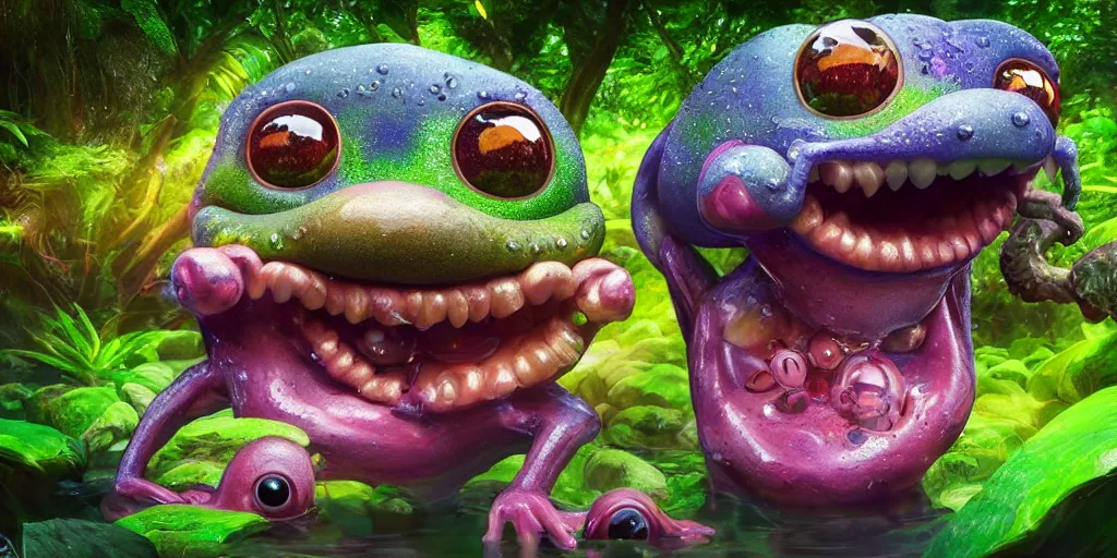 Prompt: of an intricate rainforest rocky lake with strange cute goofy creatures with huge eyes, long tongue, square teeth and big nose appearing from the water, in the style of jeff koons, macro lens, shallow depth of field, highly detailed, digital painting, trending artstation, concept art, illustration, cinematic lighting, vibrant colors, photorealism, epic, octane render