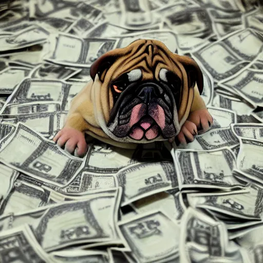 Prompt: english bulldog in pile of money, artstation