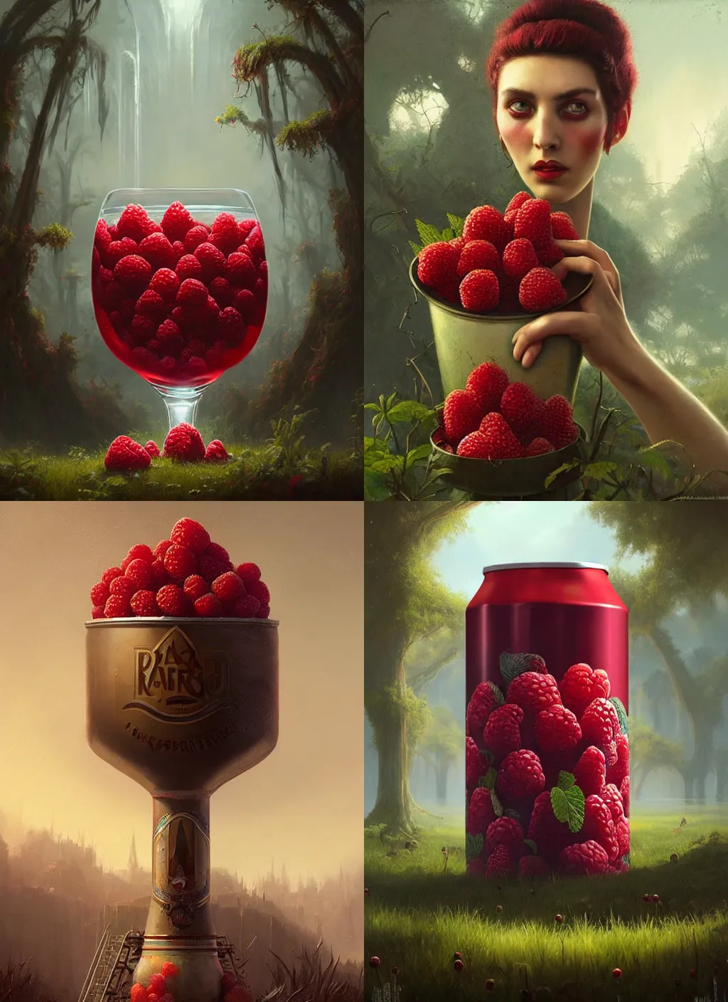 Prompt: a beautiful beer can surrounded by big oversized overgrown raspberries painted by tom bagshaw, raphael lacoste, eddie mendoza, alex ross concept art matte painting