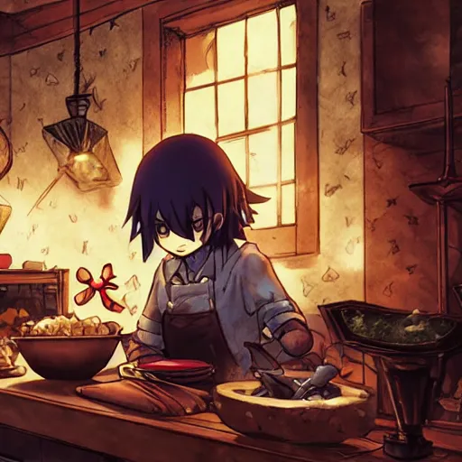 Image similar to goth pikachu detective making dinner, color page, tankoban, 4 k, tone mapping, akihiko yoshida, james jean andrei riabovitchev marc simonetti, yoshitaka amano, long hair, curly, h. hydrochaeri