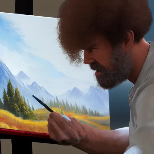 Image similar to a closeup photorealistic photograph of bob ross working on a canvas painting of spiderman. film still. brightly lit scene. mountains and trees. this 4 k hd image is trending on artstation, featured on behance, well - rendered, extra crisp, features intricate detail, epic composition and the style of unreal engine.