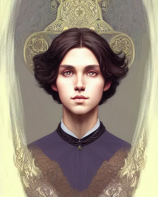Prompt: symmetry portrait of welsh brunette princess disguised as a young man, tomboy, short hair, forest background, intricate, elegant, highly detailed, digital painting, artstation, concept art, smooth, sharp focus, illustration, art by artgerm and greg rutkowski and fra angelico and alphons mucha