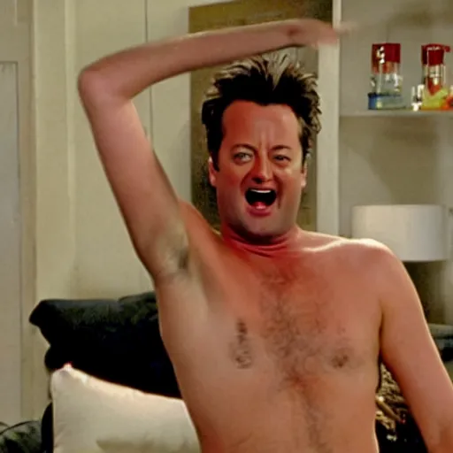 Prompt: matthew perry in his apartment wearing only white briefs swinging a shiny metal machete while screaming, friends 9 0 s tv show screenshot, 4 k