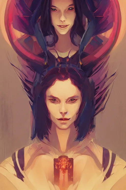 Image similar to portrait of lilith, perfectly symmetrical, tooth wu, dan mumford, beeple, wlop, rossdraws, james jean, marc simonetti, artstation giuseppe dangelico pino and michael garmash and rob rey and greg manchess and huang guangjian and makoto shinkai