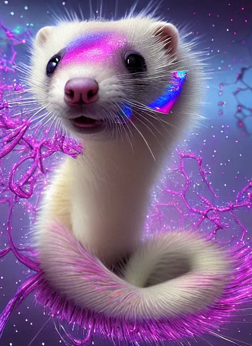 Prompt: hyper detailed 3d render like a Oil painting - kawaii portrait Aurora (white haired Sable Ferret) seen Eating of the Strangling network of yellowcake aerochrome and milky Fruit and Her delicate Hands hold of gossamer polyp blossoms bring iridescent fungal flowers whose spores black the foolish stars by Jacek Yerka, Mariusz Lewandowski, Houdini algorithmic generative render, Abstract brush strokes, Masterpiece, Edward Hopper and James Gilleard, Zdzislaw Beksinski, Mark Ryden, Wolfgang Lettl, hints of Yayoi Kasuma, octane render, 8k