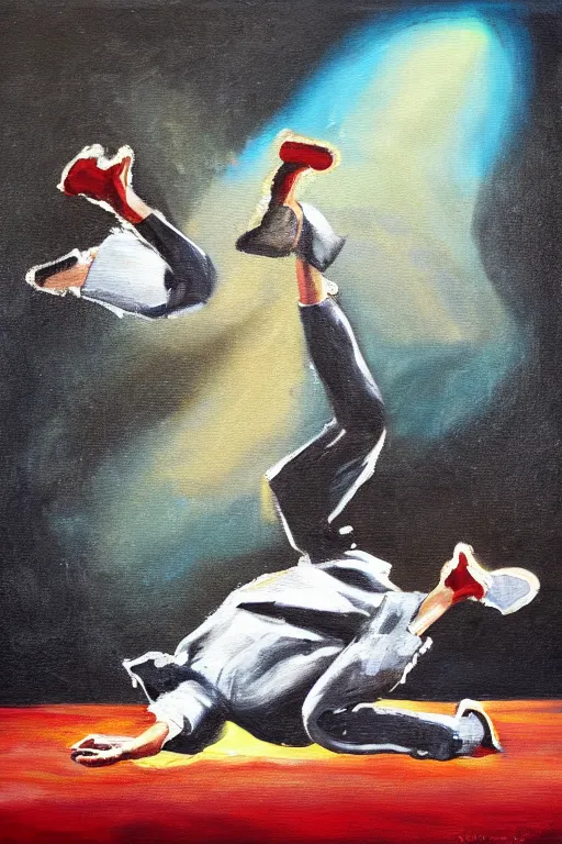 Prompt: a painting of a rock doing a breakdance while singing in front of a stage