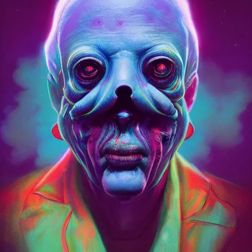 Image similar to Hyperdetailed psychedelic horror fantasy portrait of Mr Flibble by Wayne Barlowe and Beeple, vivid color, album cover,