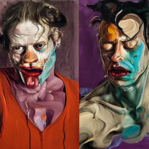 Image similar to high quality high detail painting of two extremely angry men by lucian freud and jenny saville and francis bacon and malcom liepke and nicola samori, hd, anxiety, turquoise and purple and orange and pink, dark atmosphere