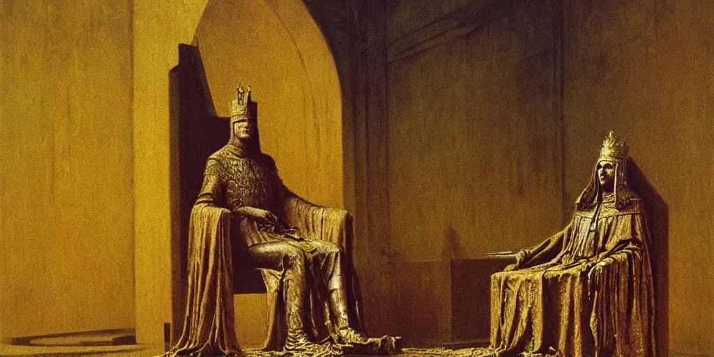 Image similar to a medieval king sitting on a golden throne in a palace, beksinski painting