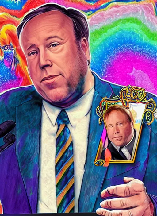 Prompt: old alex jones on the stand in court by lisa frank, realistic