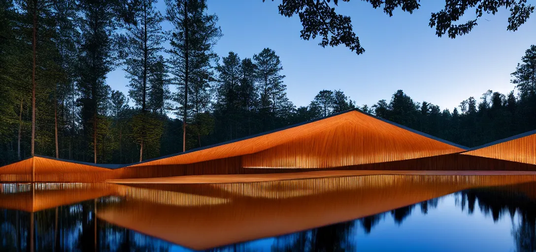 Image similar to faceted roof planes lift and descend creating shade and architectural expression, highly detailed, situated in the forest, next to a highly reflective lake, at dusk, vivid color