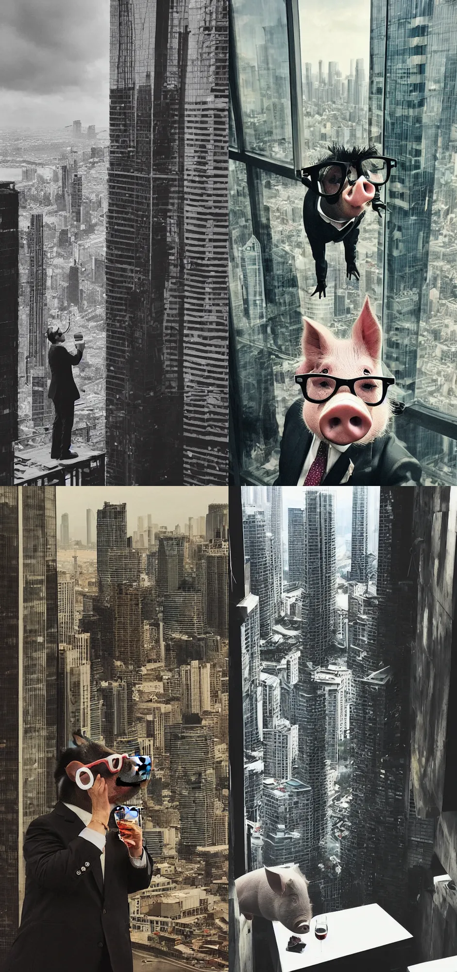 Prompt: “a pig wearing a suit and glasses sips on a glass of wine in a high rise apartment overlooking a futuristic city, realistic 8k, gritty, surreal, atmospheric, moody, aged, dense”