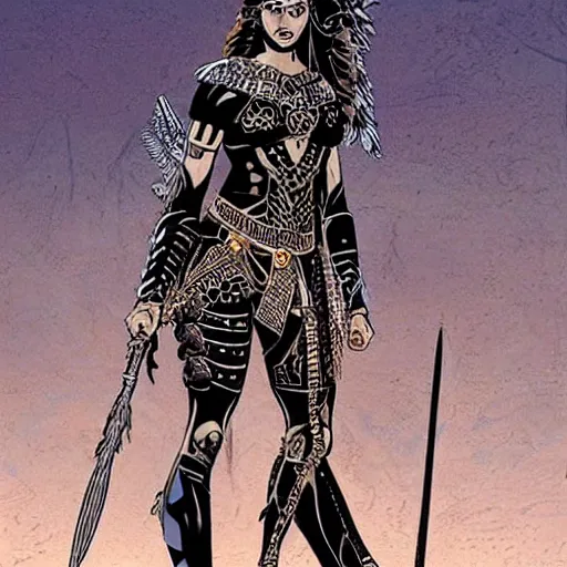 Image similar to greek amazon warrior, a tall beautiful woman with bronzed skin and long raven hair, dressed in leather and hellenistic armour, intricate, elegant, highly detailed, smooth, sharp focus, detailed face, high contrast, graphic novel, art by chris bachalo,