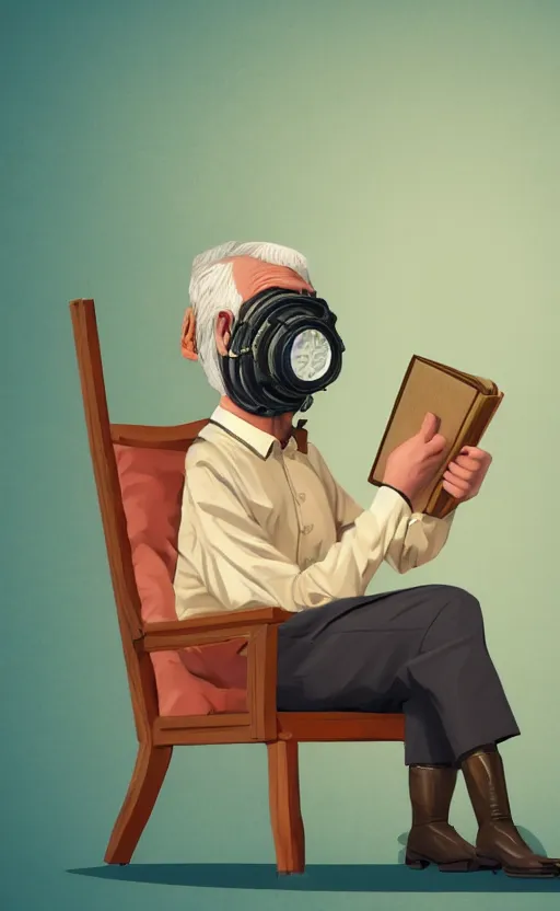 Image similar to old man, work, vintage dress, sittin, chair, book, gasmask, do, what, we, can, then, leave, it, to, god, non fiction, stability, intricate, elegant, 8 k, uhd, justify, content, center, artstation, concept art, matte, sharp focus, illustration, consistent, one content