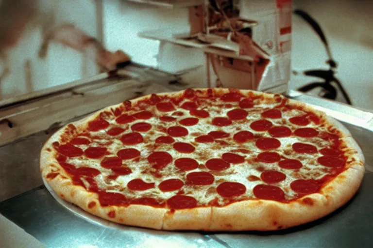 Image similar to stuffed crust pizza in cyberspace, in 1 9 8 5, y 2 k cybercore, industrial low - light photography, still from a ridley scott movie