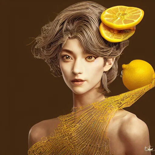 Image similar to the portrait of an absurdly beautiful, graceful, elegant, sophisticated, young idol made up of lemons, an ultrafine hyperdetailed illustration by kim jung gi, irakli nadar, intricate linework, bright colors, octopath traveler, final fantasy, unreal engine 5 highly rendered, global illumination, radiant light, detailed and intricate environment