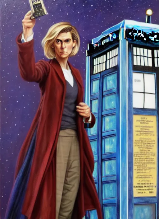 Prompt: oil painting of the thirteenth doctor from doctor who with her tardis, intricate, elegant, highly detailed, lighting, painting, artstation, smooth, illustration, art by greg rutowski and alphonse mucha