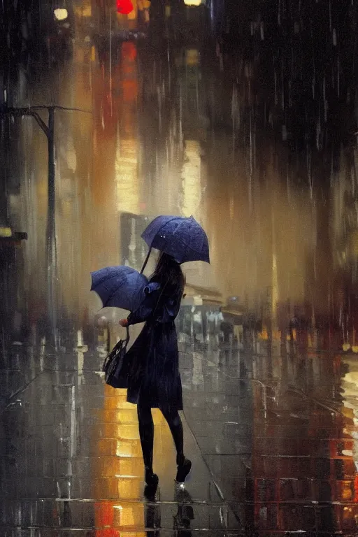 Prompt: A ultradetailed beautiful panting of a stylish girl with an umbrella, rainy day, Oil painting, by Ilya Kuvshinov, Greg Rutkowski and Makoto Shinkai