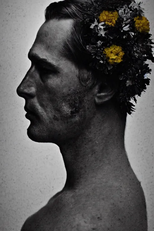 Image similar to a man's face in profile, clean shaven, made of flowers and fruit, in the style of the Dutch masters and Gregory crewdson, dark and moody