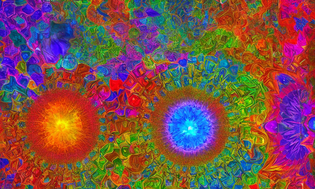 Image similar to acrylics blob voronoi engine laboratory 3 d volume kaleidoscope mandala fractal chakra digital multicolor stylized concept substance liquid nebula stone, a spectacular view cinematic rays of sunlight comic book illustration, by john kirby radiating a glowing aura global illumination ray tracing hdr depth fog overlay multiply photoshop layer