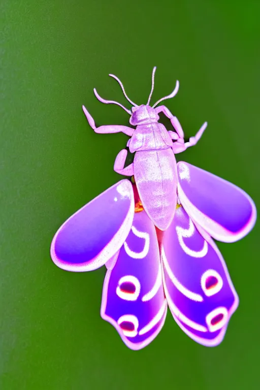 Image similar to high quality close-up photo pearlescent translucent moth! jeweled gorgeous! highly detailed david ligare elson peter cinematic purple neon lighting high quality low angle hd 8k sharp shallow depth of field