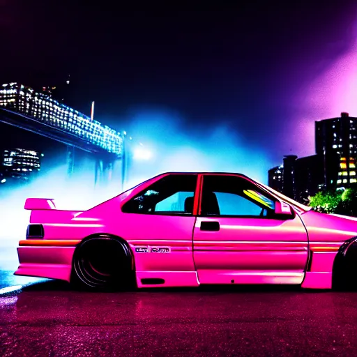 Prompt: a car 90's JDM turbo at illegal car meet, Saitama prefecture, city midnight mist lights, cinematic color, photorealistic, highly detailed, 200MM