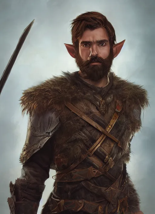 Prompt: An epic fantasy comic book style portrait painting of an arrogant half elf ranger with shaggy brown hair, scruffy beard, scar on face, blue tunic, unreal 5, DAZ, hyperrealistic, octane render, cosplay, RPG portrait, dynamic lighting