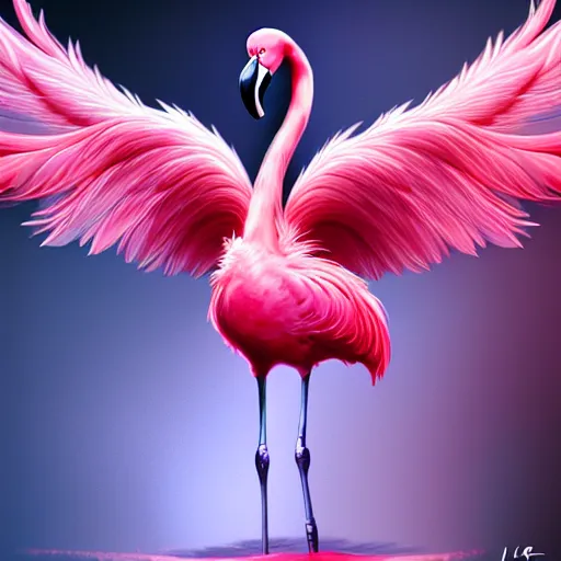Image similar to developing into a feathered flamingo, covered in feathers, wings, flight, surreal, fantasy, intricate, surgeon, doctor, operation theater, elegant, dramatic lighting, emotional, symbolic metaphor, highly detailed, lifelike, photorealistic, digital painting, artstation, concept art, sharp focus, illustration