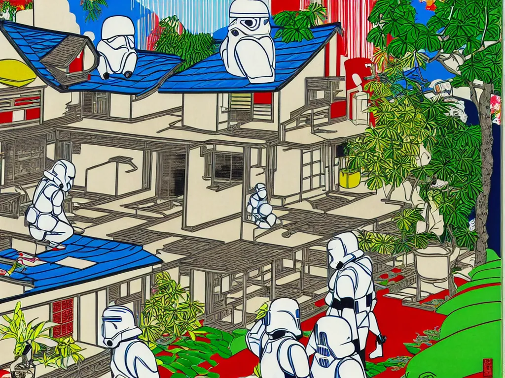 Image similar to detailed close - up image of the japanese home with a garden and a pond, 2 stormtroopers sitting around it, pop - art style, jacky tsai style, andy warhol style, roy lichtenstein style, rich palette, acrylic on canvas