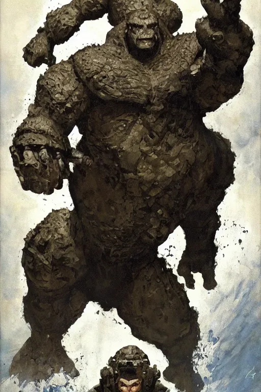 Image similar to full body portrait of martyn ford as huge golem attacking spaceship, dynamic action, by norman rockwell, jack kirby, jon berkey, earle bergey, craig mullins, ruan jia, jeremy mann, tom lovell, marvel, astounding stories, 5 0 s pulp illustration, scifi, fantasy