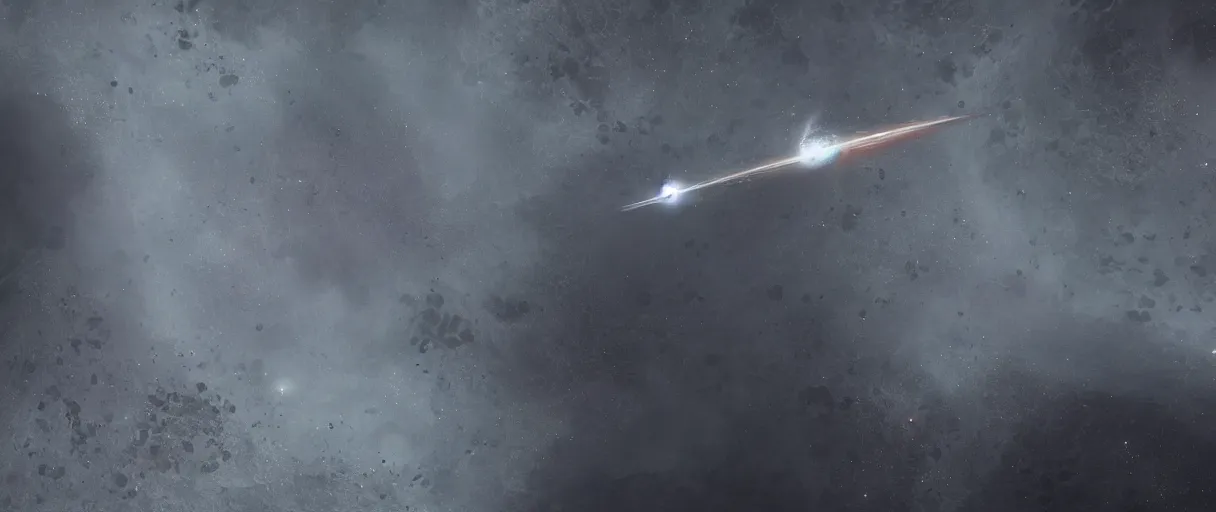 Image similar to concept art, a single lonely spaceship drifting in space, exploring the void, the expanse tv series, industrial design, lost in the immensity of space, spatial phenomenon, space debris, cinematic lighting, 4k, greebles, widescreen ratio, wide angle, beksinski, sharp shapes, maximalist, film grain