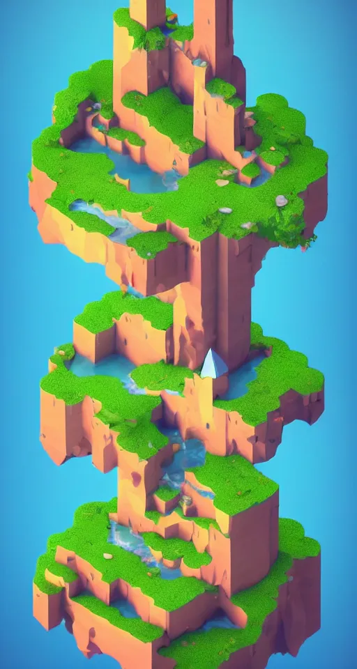 Prompt: a cute little matte low poly isometric mushroom island, waterfalls, lat lighting, soft shadows, trending on artstation, 3d render, monument valley, fez video game,