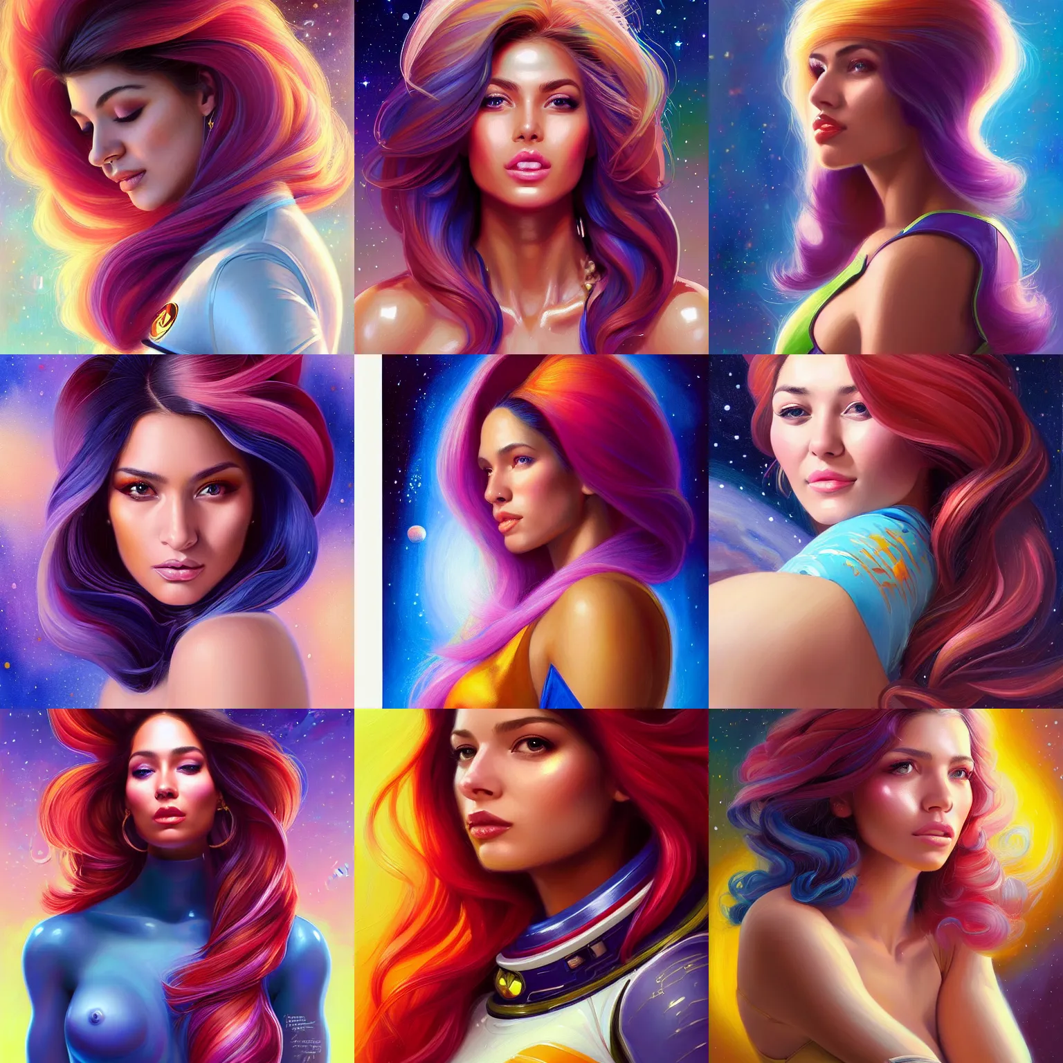 Prompt: a portrait of a very beautiful woman in a spacesuit, Alexandria\'s genesis, shoulder-length balayage ombré vibrantly multi-colored hair, bored, illustration, soft lighting, soft details, painting oil on canvas by mark arian by artgerm, trending on artstation, 4k, 8k, HD